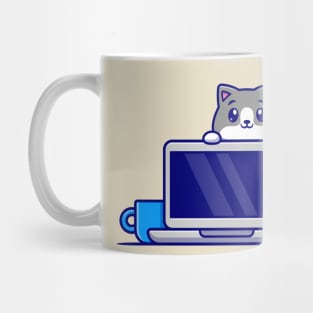 Cute Cat Behind Laptop Cartoon Mug